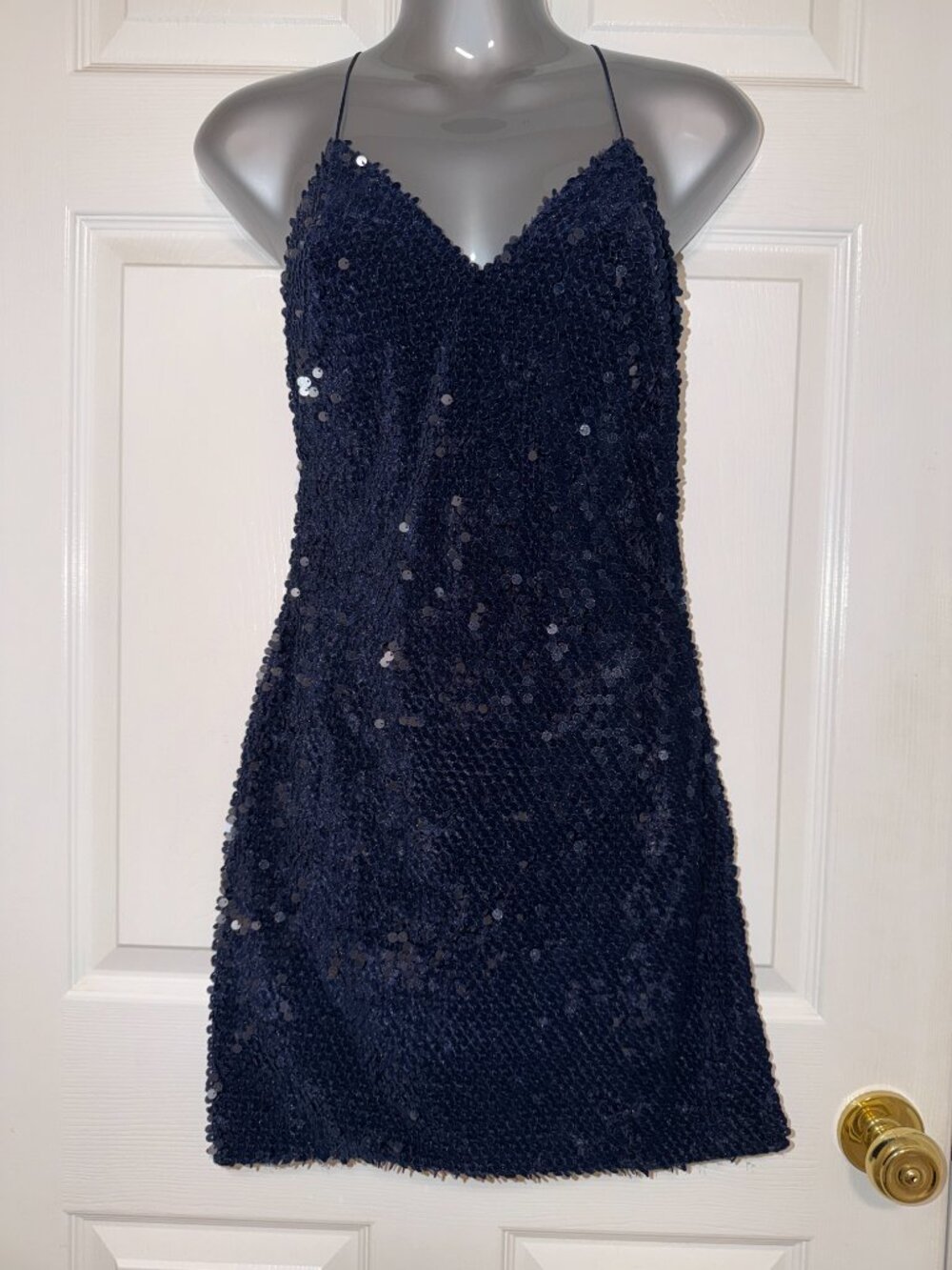 After Midnight Navy Textured Sequin Slip Dress Reversible Size S